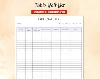 Restaurant Table Wait List Template: Seating Chart, Guest Management (PDF)