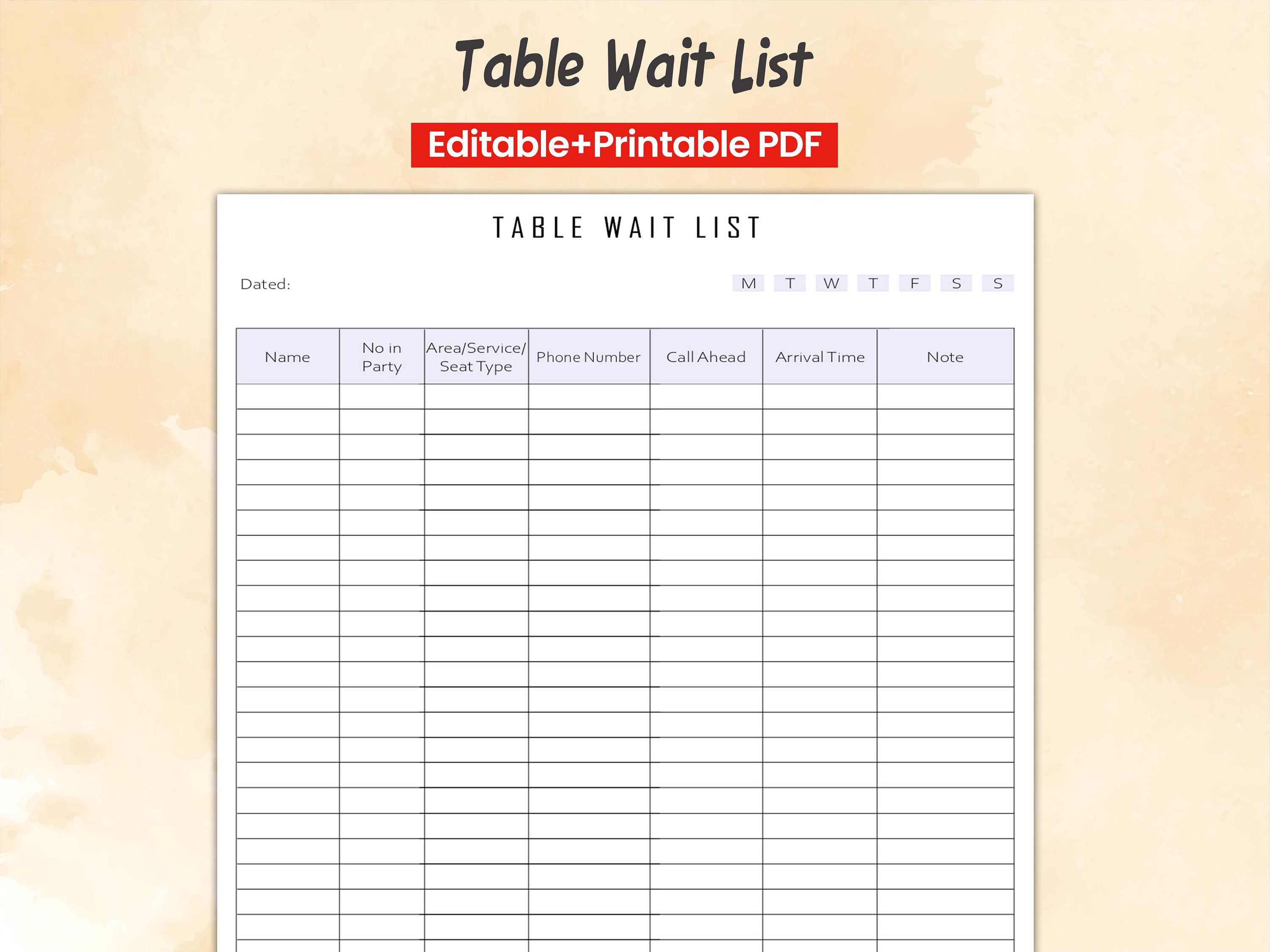 Table Wait List Template, Restaurant Waitlist Template, Seating Chart Table Wait List Template, Restaurant Waitlist Template, Seating Chart