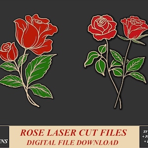 May include: Two red rose flower designs with green leaves and stems. The roses are outlined in gold. The image is for laser cutting.