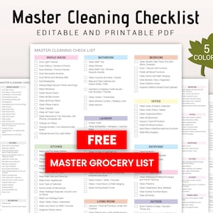 May include: Printable cleaning checklist with a red "FREE" banner and a green "MASTER GROCERY LIST" banner. The checklist includes categories for the whole house, bathroom, bedroom, office, entryway, kitchen, laundry, and outside. The checklist is editable and printable in five colours.