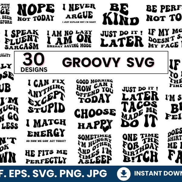 30 Groovy SVG Bundle, Retro SVG, Hippie SVG, 70s Svg, Psychedelic Svg, Wavy Text svg Cricut, Smiley Face Svg, Trendy Svg, Groovy png Bundle