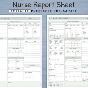May include: A printable nurse report sheet in PDF format. The sheet is divided into sections for patient background, assessments, vitals, medications and to do, accu check, labs, and planning. The sheet is designed for use by nurses to document patient care.