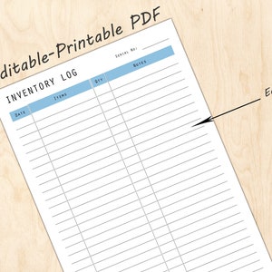 May include: Editable printable inventory log PDF template with columns for date, items, quantity, and notes. The template has a light blue header and is ready to be filled out.