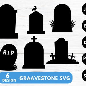 May include: Six black silhouette designs of gravestones with various shapes and details, including a cross, a bird, and the text "R.I.P.". The designs are suitable for crafting projects, such as Halloween decorations or scrapbooking.