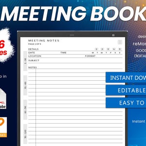 Könnte beinhalten: Ein digitaler Planer für Besprechungsnotizen, der für die Verwendung mit dem reMarkable 2, Good Notes und anderen digitalen Planern konzipiert ist. Der Planer umfasst 756 Seiten, ist 10,5 MB groß und steht als sofortiger Download im editierbaren PDF-Format zur Verfügung.