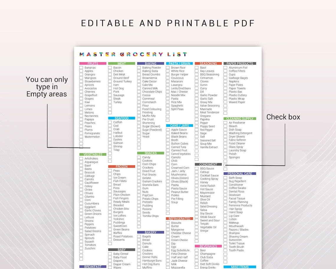 Editable and Printable Master Grocery List, Online Shopping List, Master Shopping List, Digital ...
