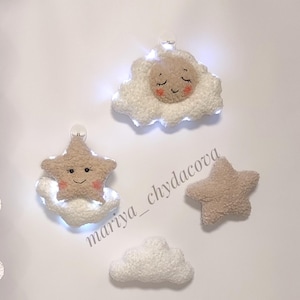 Wall Soft decor nursery light set , Handmade Bouclé Wall Decor with Moon, Clouds, and Stars. Baby nursery wall decor. Pregnancy gift.