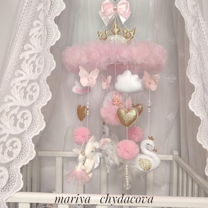 Princess Baby Mobile for Crib Girl – Pink Tulle Crown Mobile with Name, Bunny & Swan Nursery Decor – Baby Shower Gift, Personalized Mobile