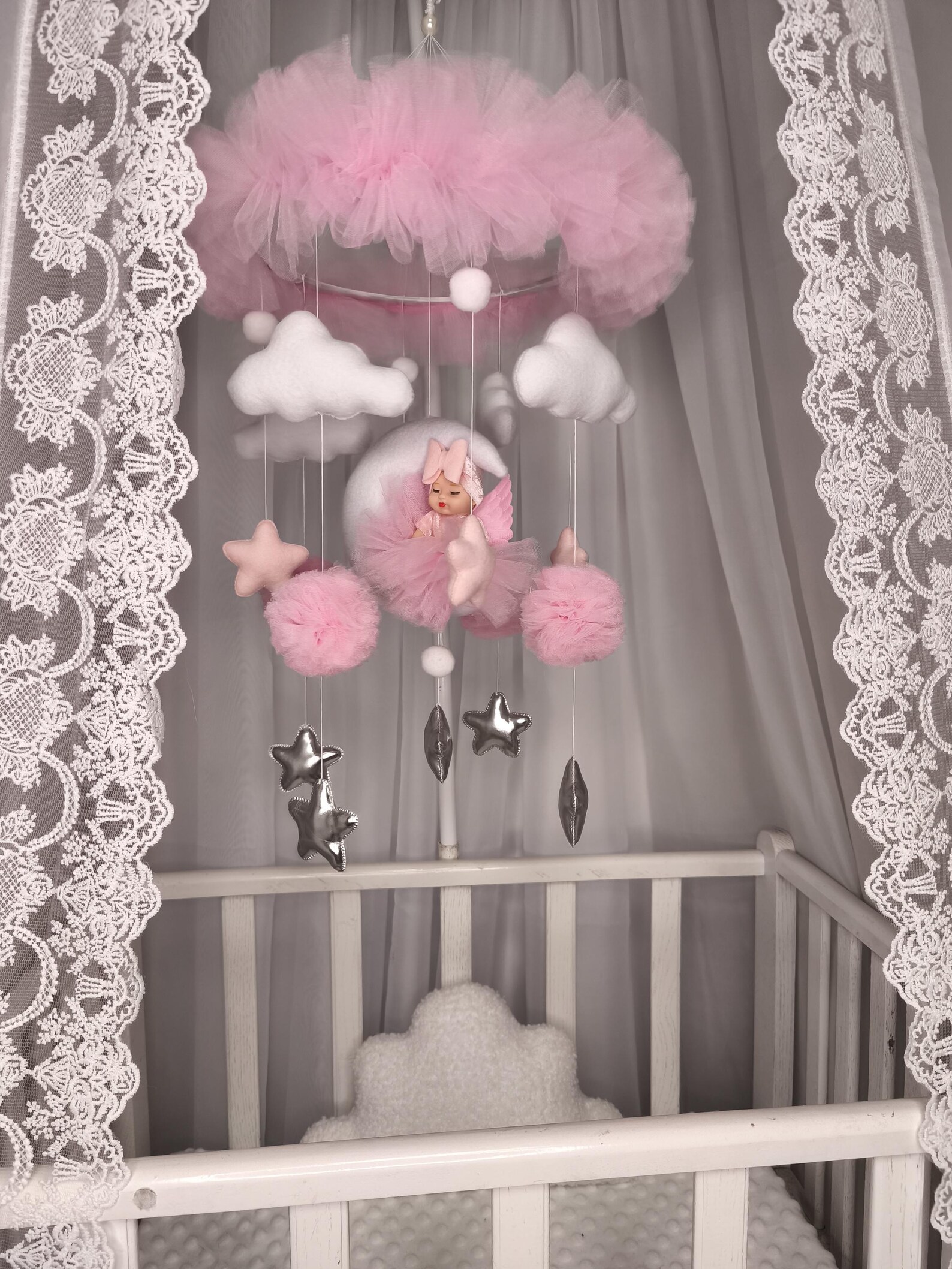 Pink Fairy Moon Baby Mobile, Crib Mobile for Girl, Nursery Decor With