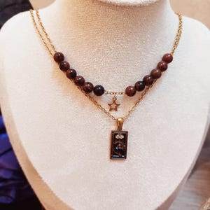 Double collier en pierre naturelle: Obsidienne acajou pendentif carte oracle