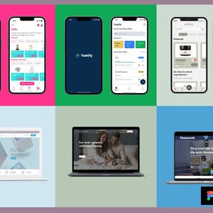 Peut inclure: Une mosaïque de captures d'écran présentant différentes applications mobiles et sites Web. Les applications comprennent une application de gestion des tâches, une application de shopping et une application de produits de beauté. Les sites Web comprennent un site Web de décoration intérieure, un site Web de soins pour animaux de compagnie et un site Web éducatif.
