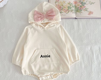 Custom Name Bow Hoodie Romper|Embroidered Name Baby Romper|Girl Onesie|Baby Outfit|Birthday Baby Gift|First Mother's Day|Kids Girl Outfit