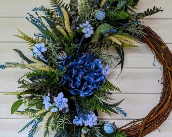 Large beautiful faux blue hydrangea wreath