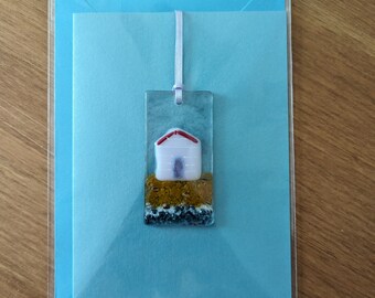 Fused Glass Beach Hut Seascape Hanger Card