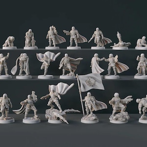 May include: A set of 18 unpainted miniature figures, each standing on a round base. The figures are in various poses and are wearing different types of clothing and armor. Some of the figures are holding weapons, while others are holding flags or other objects.