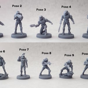 May include: A collection of ten gray, unpainted miniature soldier figurines, each labeled Pose 1 through Pose 10. The figures are depicted in various combat stances, holding different weapons, and standing on circular bases of uniform size.