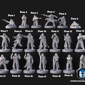 May include: A collection of 20 miniature figurines in various action poses. Each figure is a light gray color, depicting a character in a long coat and helmet, holding weapons. Text on the image indicates different poses.