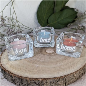 Tealight glass / glass with saying / decorative tealight holder / home , time , love / gift idea / tealight set