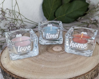 Tealight glass / glass with saying / decorative tealight holder / home , time , love / gift idea / tealight set
