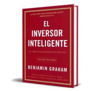 Puede incluir: Un libro rojo titulado "EL INVERSOR INTELIGENTE" con texto blanco y un borde dorado. El nombre del autor, Benjamin Graham, se muestra de forma destacada. El libro es una guía práctica de inversión.