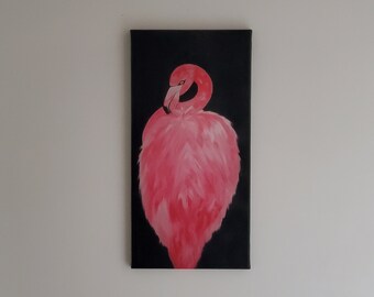 Tableau d'impression sur toile Flamant rose sur fond noir - Tableaux muraux - Tableau de décoration - Peinture sur toile