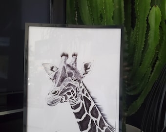 Girafe noir et blanc dessin stylo à bille - Dessin au stylo billes  - Art illustration