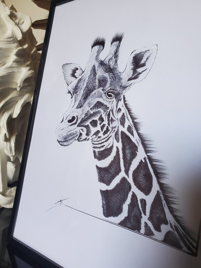 Girafe noir et blanc dessin stylo à bille Dessin au stylo billes Art illustration image 6