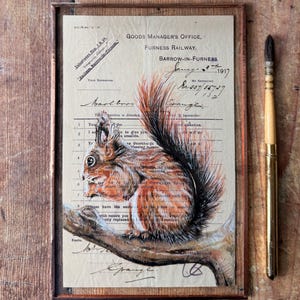 Esquilo-vermelho | Pintura em aquarela e tinta | Presente exclusivo | Presente para amantes da natureza | Presente animal | Objetos vintage originais | Moldura de folha de cobre