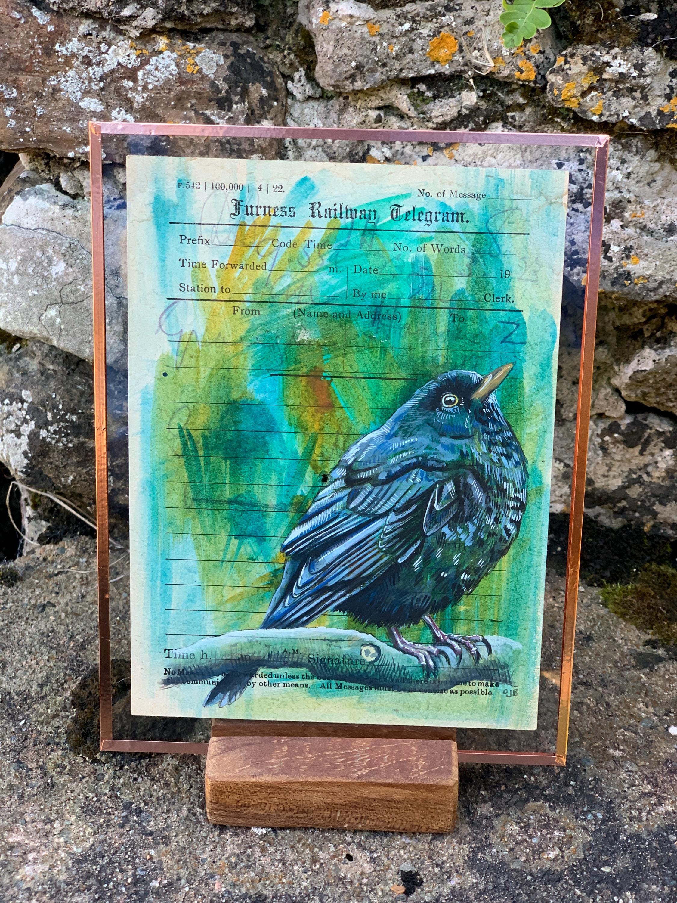 Blackbird | 1923 Furness Railway Telegram | Watercolour and Ink Painting | Original Vintage Ephemera | Copper Foil Frame