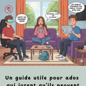 May include: A cartoon illustration depicts three teenagers interacting with technology. One wears VR goggles, another holds a tablet, and the third has a tablet. Text in French reads "Vivre Sans Écrans" and "Un guide utile pour ados".