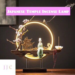 Beautiful Japanese Temple Incense Holder Lamp Light | Beautiful Zen Incense Lamp Light | Zen Lamp Decor | USB Powered LED Light & Incense
