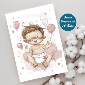 Wenskaart met roze babymotief, bijv. als felicitatiekaart voor geboorte, vouwkaart, ansichtkaart of andere felicitatiekaart