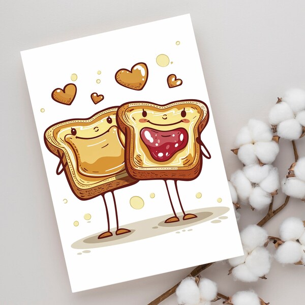Grußkarte mit süßem Motiv "Erdnussbutter- und Marmeladentoast" als Geburtstagskarte oder Klappkarte zum Valentinstag, kleine Liebesbotschaft