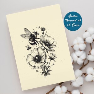 Grußkarte mit Blumen und Bienen Motiv für jeden Anlass geeignet, z.B. als Geburtstagskarte, Klappkarte