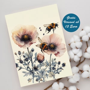 Zauberhafte Grußkarte mit Blumen und Bienen Motiv für jeden Anlass geeignet z.B. als Geburtstagskarte Klappkarte