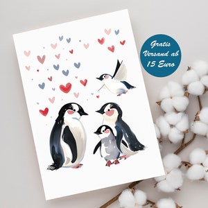 Zauberhafte Karte mit Pinguin Pärchen  z.B. als Klappkarte Geschenkidee zum Geburtstag oder zum Valentinstag Postkarte