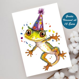 Zauberhafte Geburtstagskarte mit niedlichem Gecko Motiv Grußkarte Klappkarte Postkarte Geschenk Geschenkidee