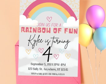 May include: A rainbow-themed birthday party invitation with a colorful rainbow, stars, and clouds. The text reads "Join us for a Rainbow of Fun Kyke is turning 4" with a date and time of September 5, 2024, 2PM-4PM, and an address of 123 Sally St. Anywhere, ST 12345. RSVP to Sally at 123-456-7891 by 8/25/24.