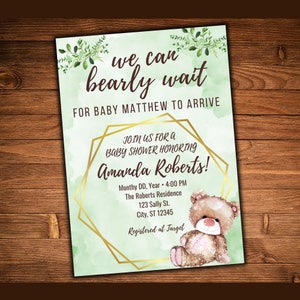 We Can Bearly Wait Baby Shower Invitation, Bear Baby Shower Invite, We Can Bearly Wait Baby Shower, Printable & Editable Invitation