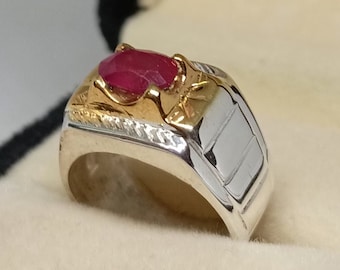 Anel de prata esterlina 925 de rubi natural de 2 quilates feito à mão elegante anel de rubi vermelho, anel de rubi masculino