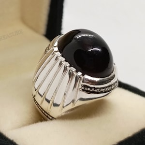 Natural Cabochon Black Agate Sterling Silver 925 Handmade Ring Real Deep Black Agate Ring, Black Aqeeq Ring