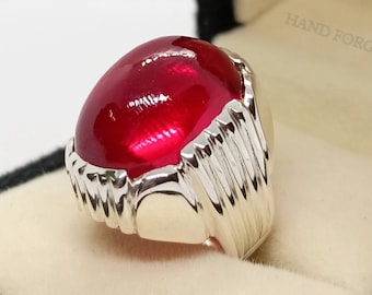 Oval Shape Deep Red Cabochon Ruby Sterling Silver 925 Handmade Ring Elegant Ruby Ring, Unisex Ring