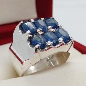 Anello fatto a mano in argento sterling 925 con sei pietre di zaffiro blu naturale, anello con zaffiri veri, bellissime pietre di zaffiro