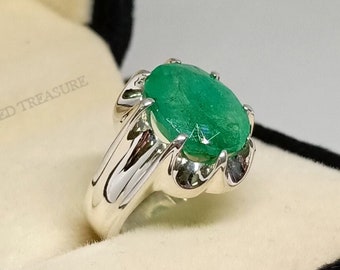 Natural verde esmeralda plata de ley 925 anillo hecho a mano hermoso diseño ovalado corte verde esmeralda anillo, anillo unisex