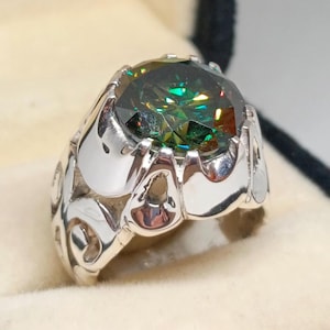10 Carat Real Green Moissanite Diamond Handmade Sterling Silver 925 Ring Rare Certified Round Cut Diamond Ring, Mens Wedding Ring