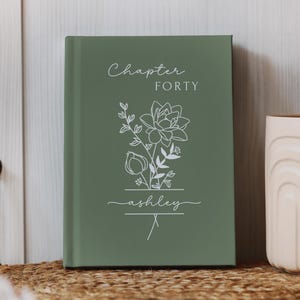 May include: A sage green journal with the words "Chapter Forty" and "ashley" in white script, along with a floral illustration. The journal is displayed on a woven mat.