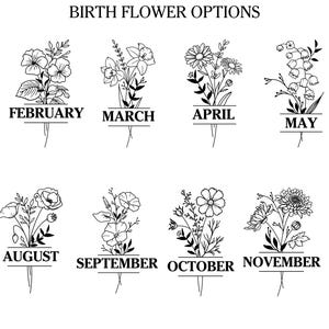 May include: Black and white line art illustrations of birth flowers for each month of the year. Each floral design is labeled with the month's name, such as "January" and "February". The text "BIRTH FLOWER OPTIONS" is at the top.