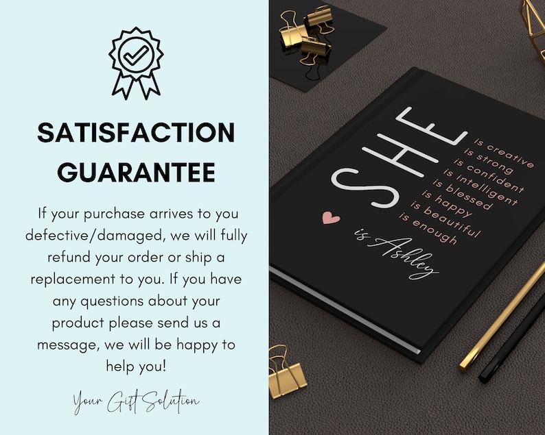 May include: Black journal with the text "SHE is Ashley" and a pink heart. The text also includes a list of positive attributes, such as "creative", "strong", "confident", "intelligent", "blessed", "happy", "beautiful", and "enough".