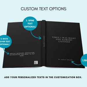 May include: Black book with the text "TIMES I WAS RIGHT AND NOBODY LISTENED" and "BY ASHLEY MILLER". The book has customization options for the spine, back cover, and name. The text "CUSTOM TEXT OPTIONS" is at the top.