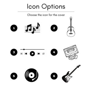 May include: Six black and white icons representing different music genres. The icons include musical notes, a guitar, a cassette tape, a record player, a music player control panel, and an electric guitar.